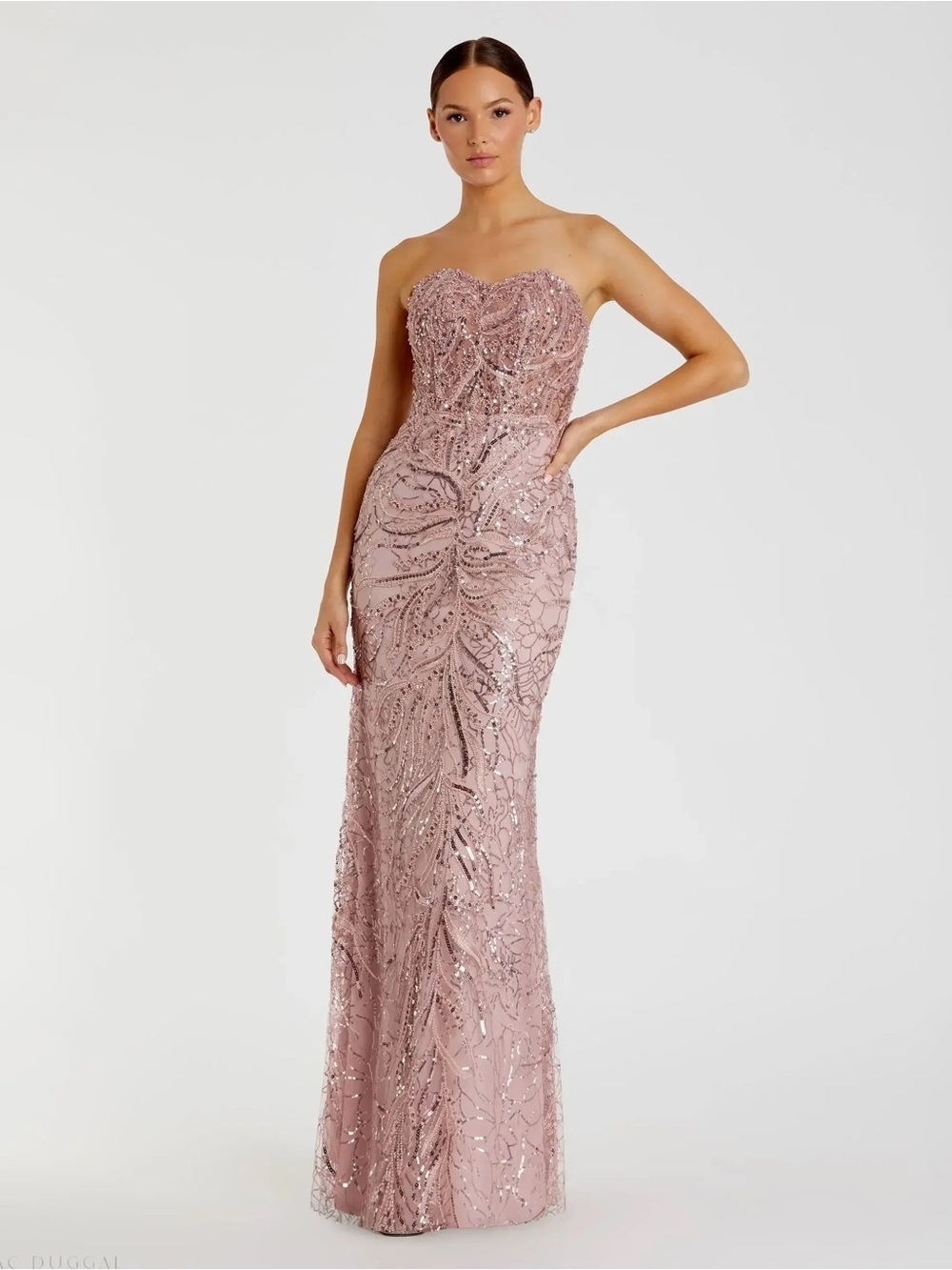 Mac Duggal Strapless Beaded Trumpet Gown in Dusty Rose